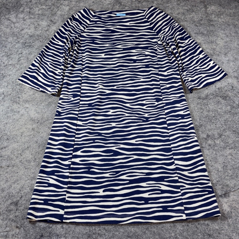 J.McLaughlin Zebra Print Shift Dress Large Navy Blue White 3/4 Sleeve Boat Neck